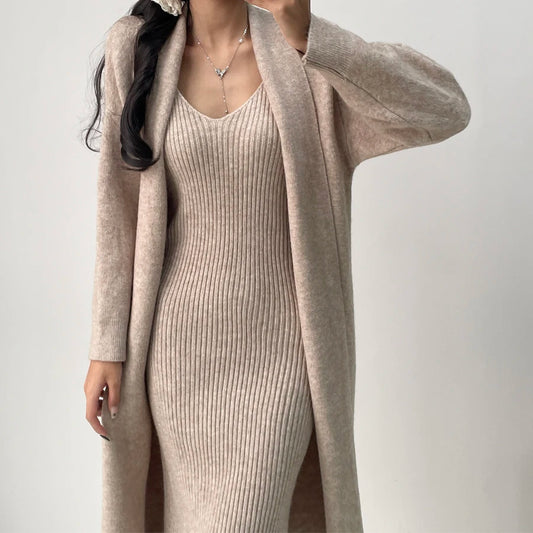 Knitted Dresses 2 Pieces Set V Neck Knit Sweater Dress+long Sleeve Solid Cardigans