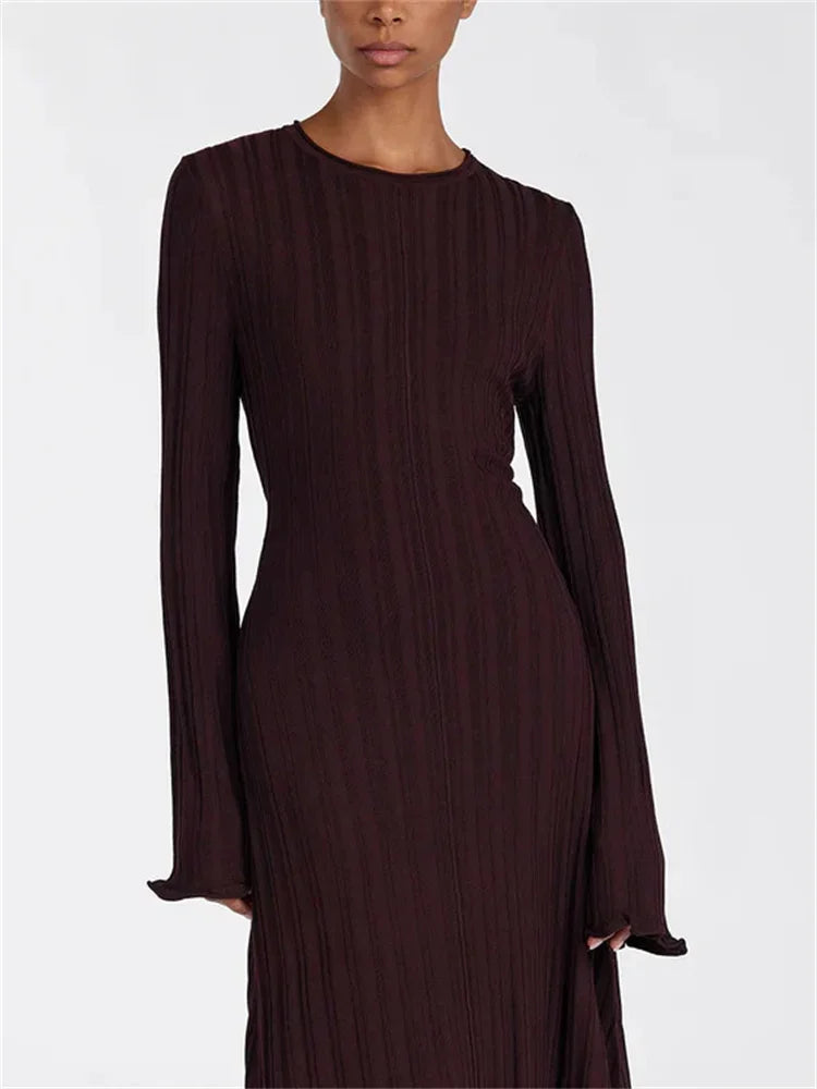 Loose Maxi Dress for Women – Lace-Up High Waist Ribbed Long Sleeve Knit Bandage Dress