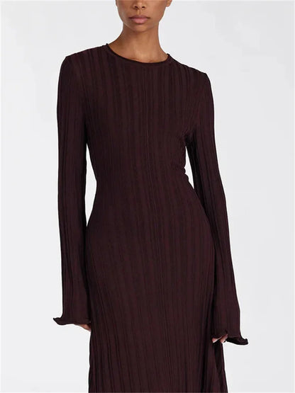 Loose Maxi Dress for Women – Lace-Up High Waist Ribbed Long Sleeve Knit Bandage Dress