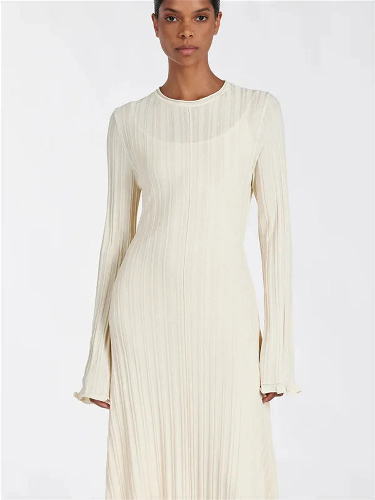 Loose Maxi Dress for Women – Lace-Up High Waist Ribbed Long Sleeve Knit Bandage Dress
