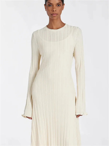 Loose Maxi Dress for Women – Lace-Up High Waist Ribbed Long Sleeve Knit Bandage Dress