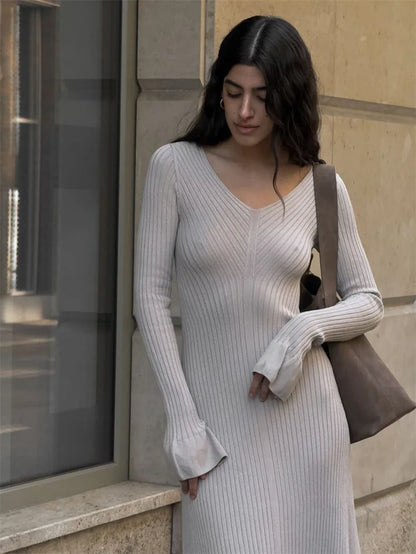 V-Neck Ribbed Knitwear Ruffled Slim Bodycon Maxi Dress