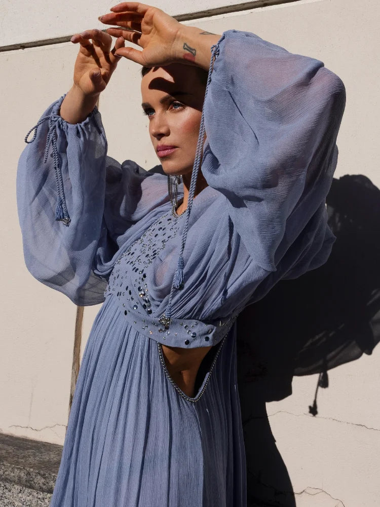 Pleated Puff Sleeve Maxi Dress – V-Neck, A-Line Silhouette