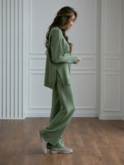 Knitted 2-Piece Suit – Half Turtleneck Sweater & Wide Leg Pants Set