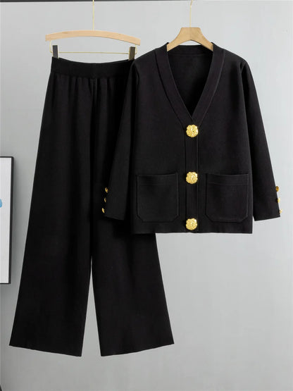 Knitted 2-Piece Set – V-Neck Cardigan Top & High Waist Wide Leg Pants