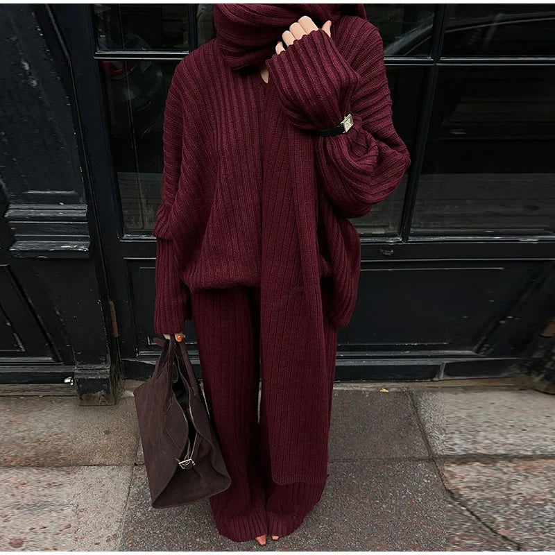 Knitted Pants Suit for Women – Scarf Collar Long Sleeve Sweater and Wide Leg Pants Two-Piece Set