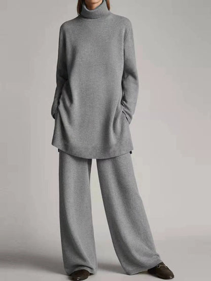 Solid Color Long Pants Set – Loose Turtleneck Pullover & Wide Leg Trousers Two-Piece Set