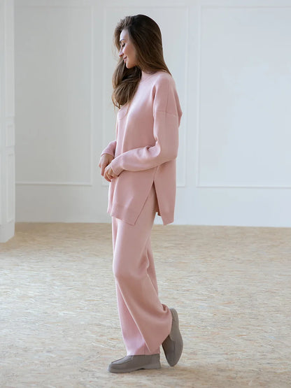 Knitted 2-Piece Suit – Half Turtleneck Sweater & Wide Leg Pants Set