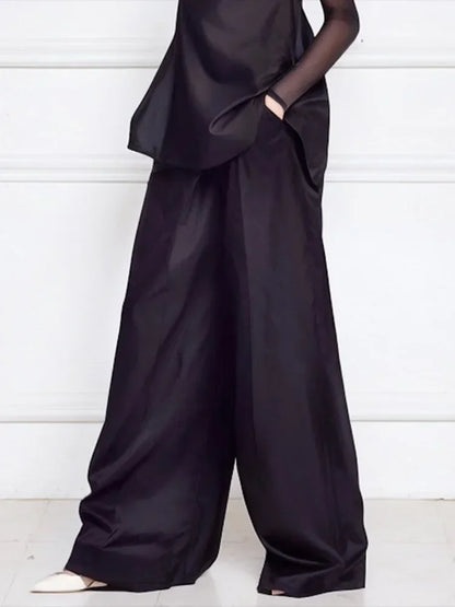 Pant Sets Two-Piece Set – See-Through Blouse & Wide Leg Pocket Loose Pants