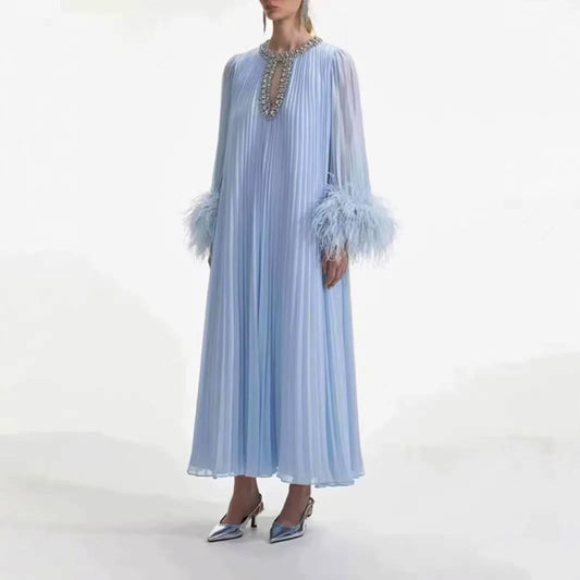 Dress Round Neck Heavy Pleated  and Long Dresse