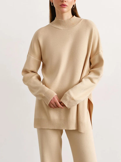 Knitted 2-Piece Suit – Half Turtleneck Sweater & Wide Leg Pants Set