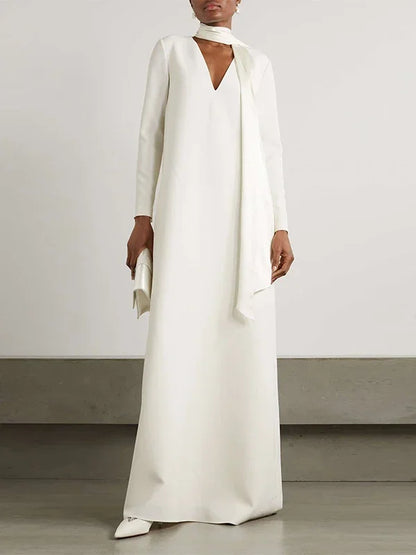 Solid Color Pockets Wrap Long Sleeves V-neck Shawl & Scarf Maxi Dress