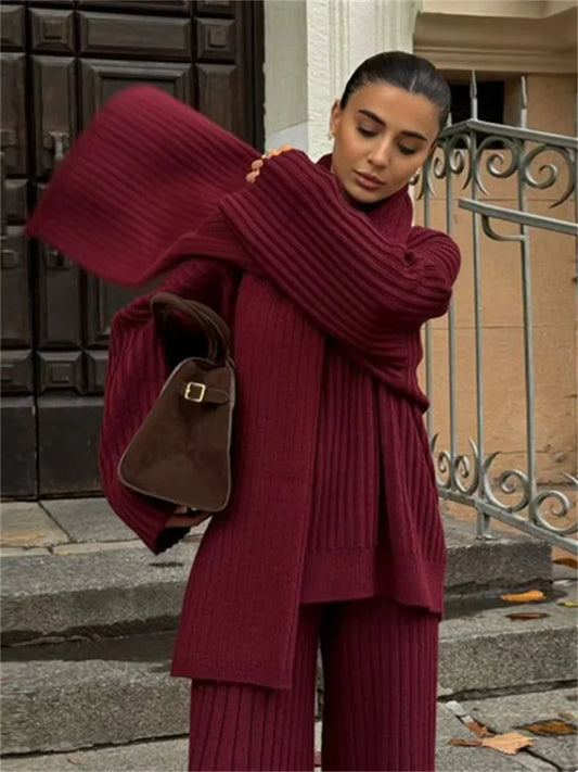Knitted Pants Suit for Women – Scarf Collar Long Sleeve Sweater and Wide Leg Pants Two-Piece Set