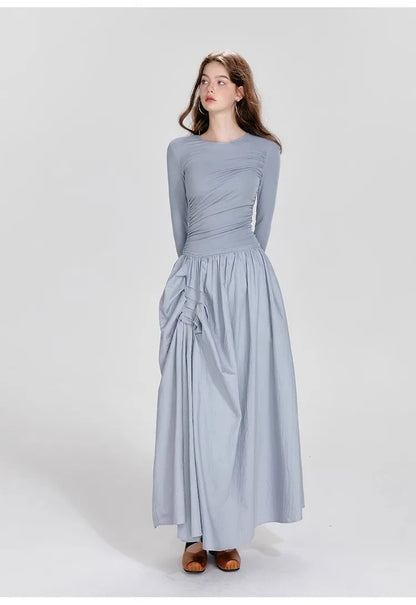 Ballet Style Round Neck Dress – Pleated Long Sleeved Fit & Flare Dress