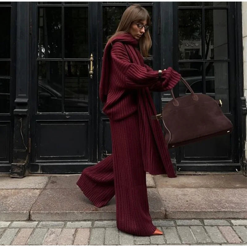 Knitted Pants Suit for Women – Scarf Collar Long Sleeve Sweater and Wide Leg Pants Two-Piece Set
