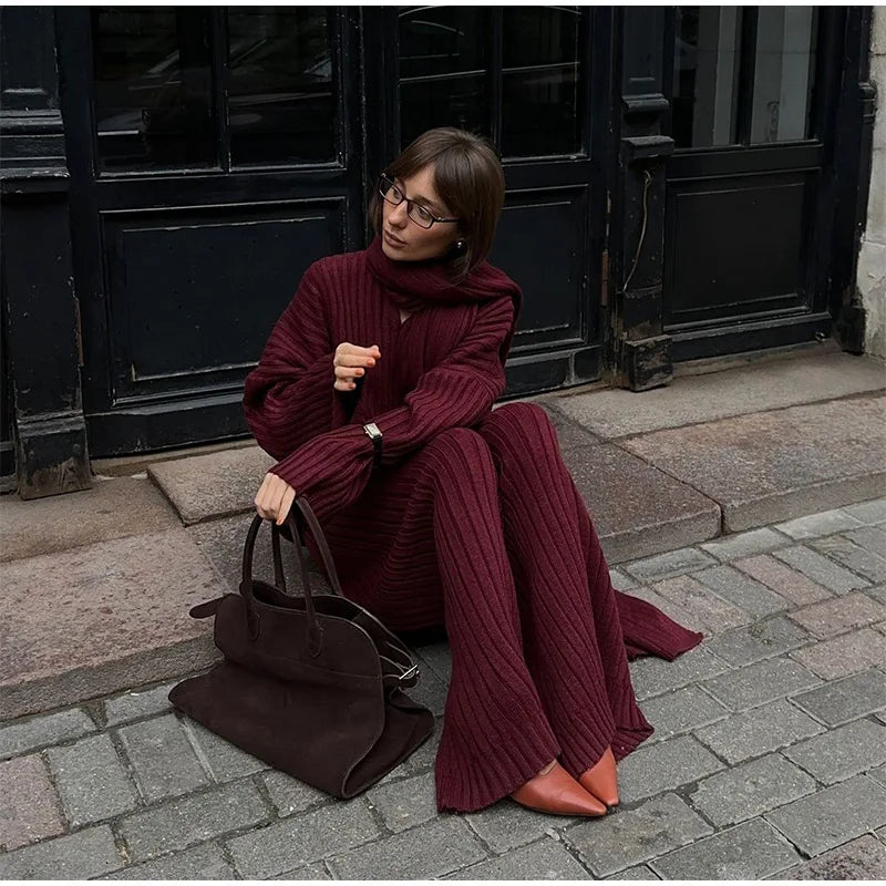 Knitted Pants Suit for Women – Scarf Collar Long Sleeve Sweater and Wide Leg Pants Two-Piece Set