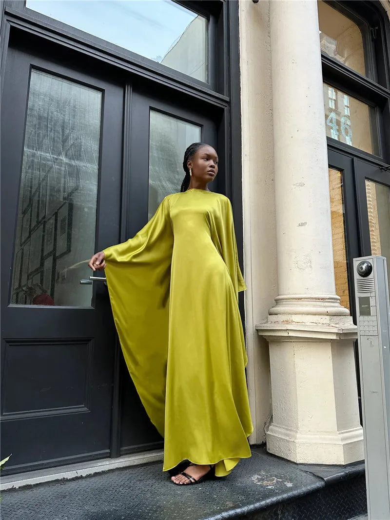 Elegant Satin Long Sleeve Maxi Dress for Women – Slim Round Neck