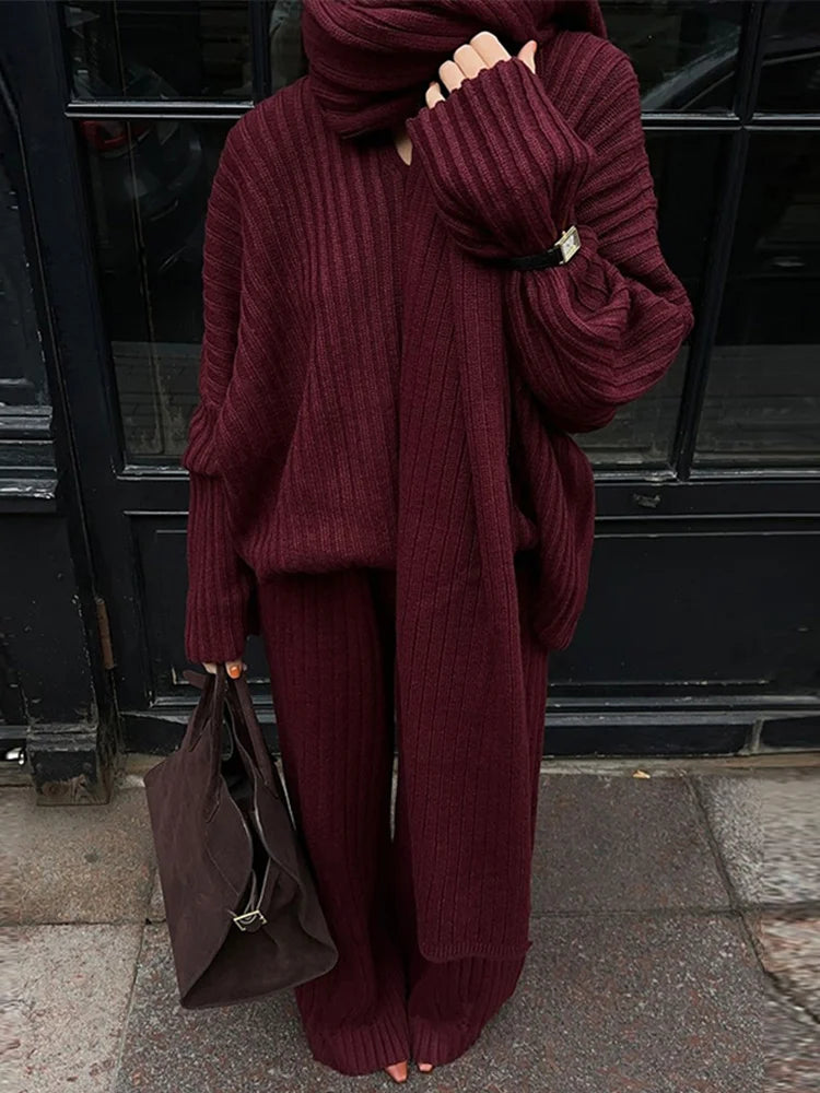 Knitted Pants Suit for Women – Scarf Collar Long Sleeve Sweater and Wide Leg Pants Two-Piece Set