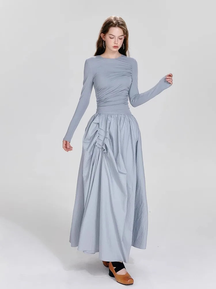 Ballet Style Round Neck Dress – Pleated Long Sleeved Fit & Flare Dress