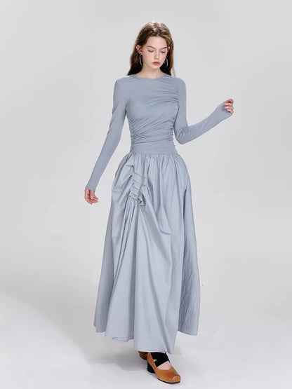Ballet Style Round Neck Dress – Pleated Long Sleeved Fit & Flare Dress