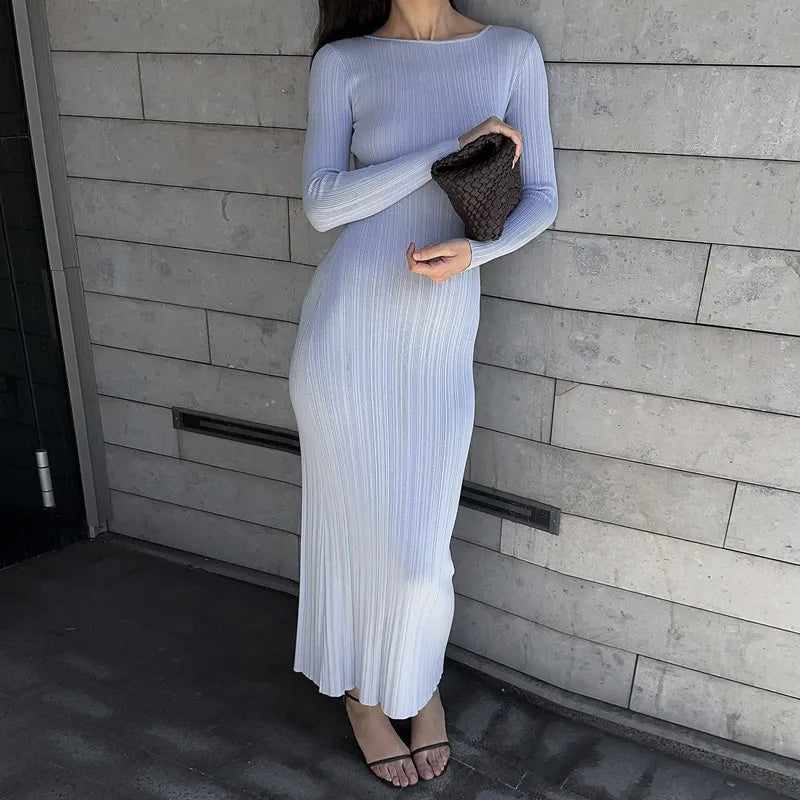 Slim Maxi Dress for Women – High Waist Patchwork Ribbed Dress