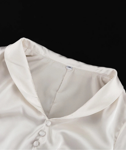 Satin Dress – Long Sleeve Ankle-Length Vintage Ruffle Single-Breasted Dress