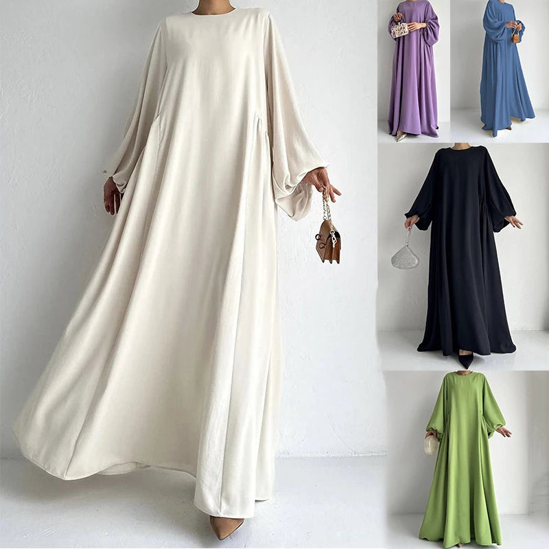Elegant Solid Bishop Sleeve Abaya Kaftan – Crew Neck Maxi Dress for Women
