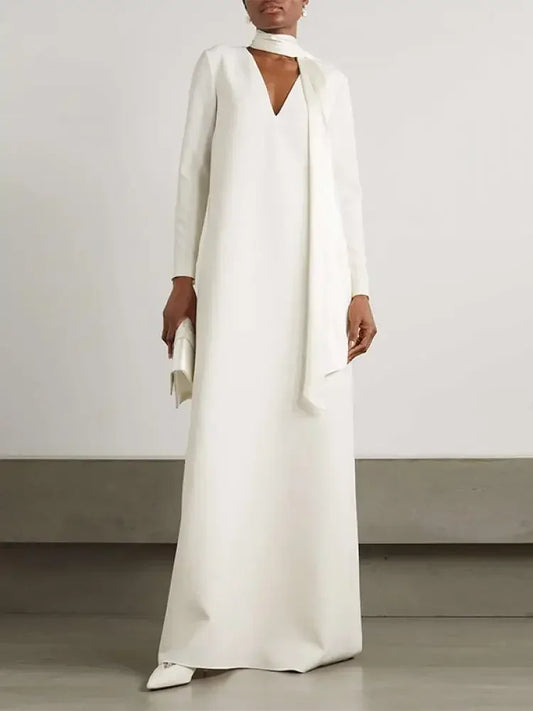 Solid Color Pockets Wrap Long Sleeves V-neck Shawl & Scarf Maxi Dress