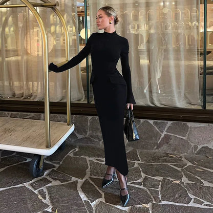 Maxi Dress High Waist Pocket Solid Long Dress