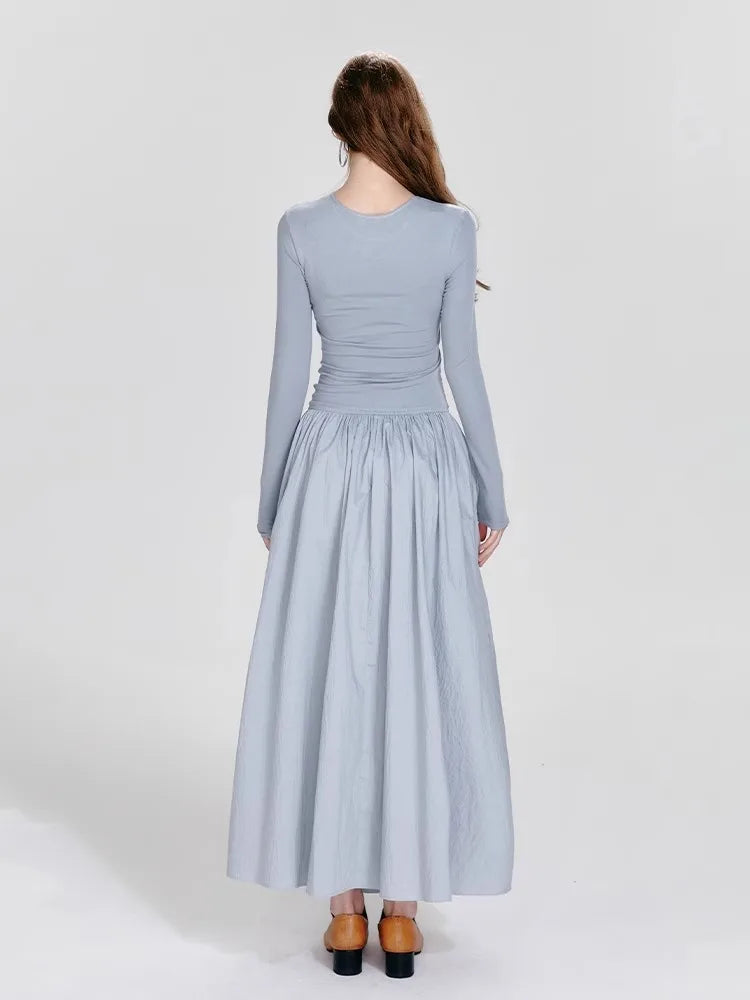 Ballet Style Round Neck Dress – Pleated Long Sleeved Fit & Flare Dress