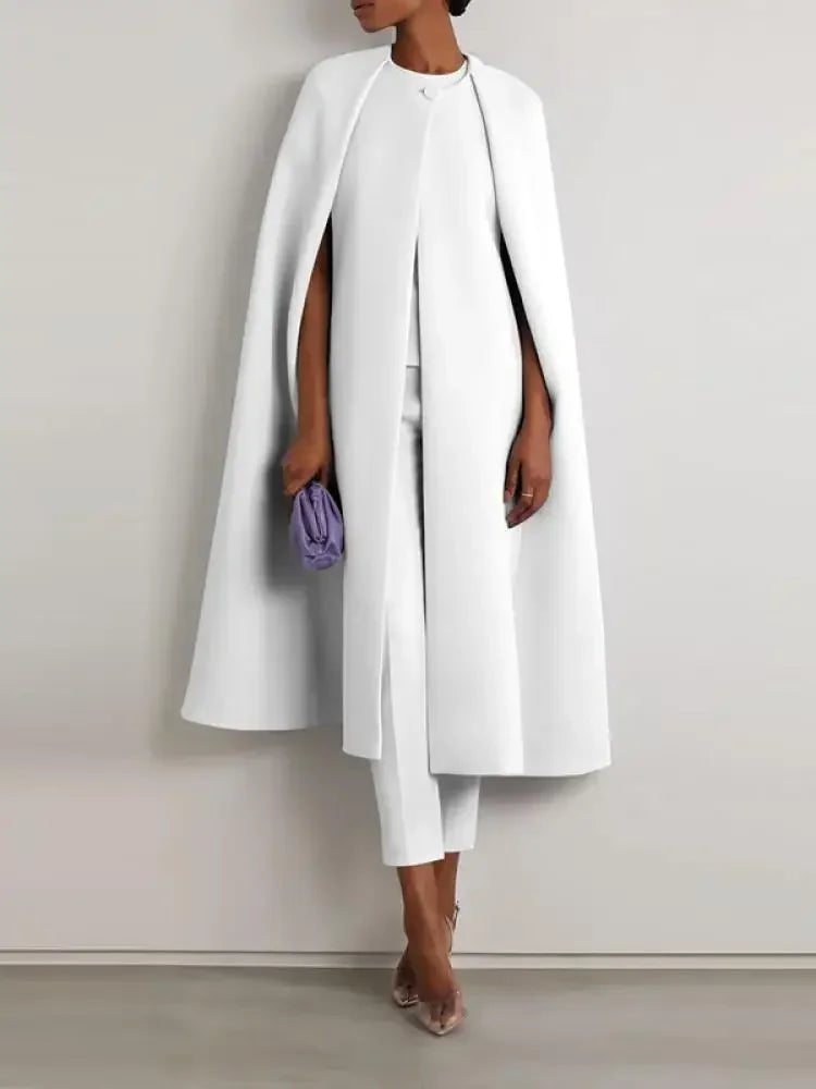 Elegant Cap Sleeve Cape Coat & High-Waisted Pants Two-Piece Set