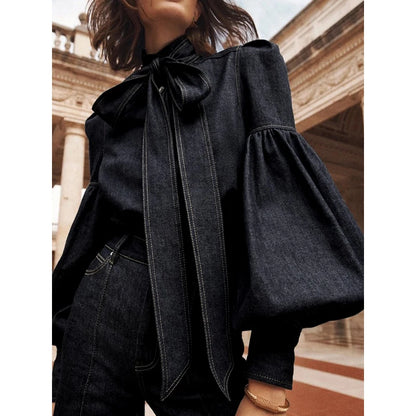 Elegant Puff Sleeve Denim Blouse