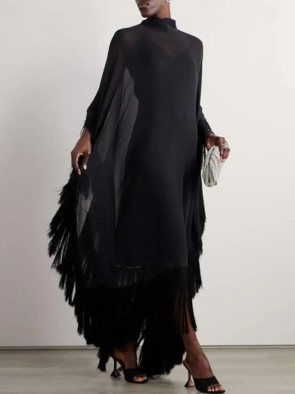 See-Through Tassel Party Dresse Batwing Sleeves Solid Color High-Neck Two Piece Set Dress