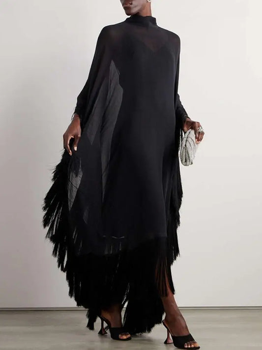 See-Through Tassel Party Dresse Batwing Sleeves Solid Color High-Neck Two Piece Set Dress