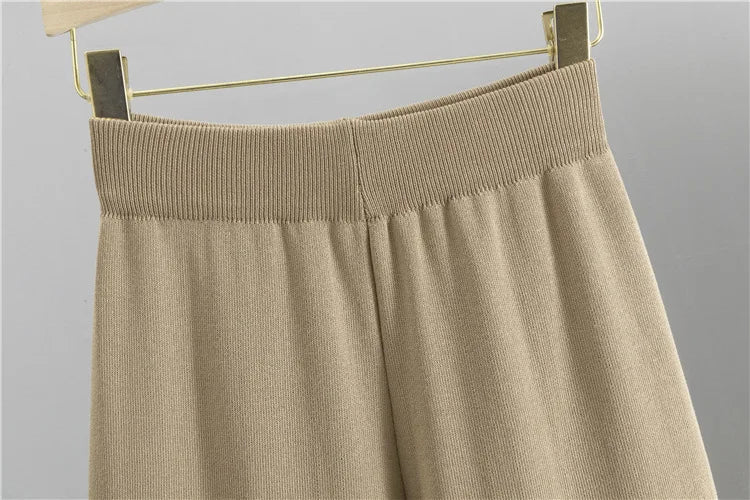 Knitted 2-Piece Set – V-Neck Cardigan Top & High Waist Wide Leg Pants