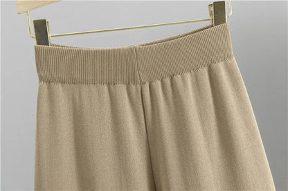 Knitted 2-Piece Set – V-Neck Cardigan Top & High Waist Wide Leg Pants