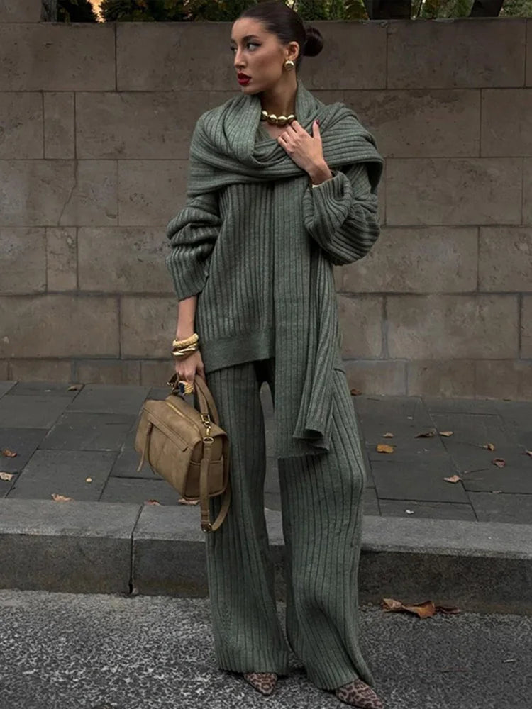 Knitted Pants Suit for Women – Scarf Collar Long Sleeve Sweater and Wide Leg Pants Two-Piece Set