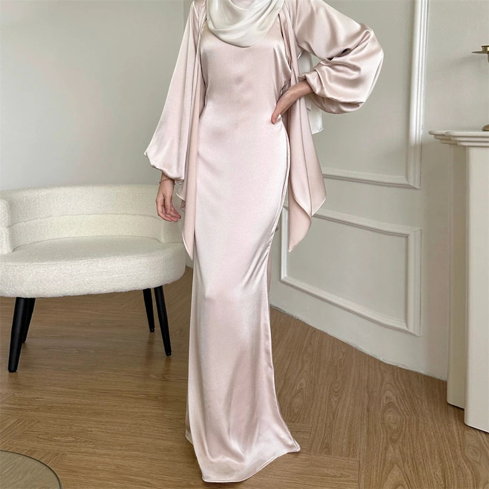 Satin Plain 2-Piece Abaya Set – Elegant Modest Clothing Kaftan Robe