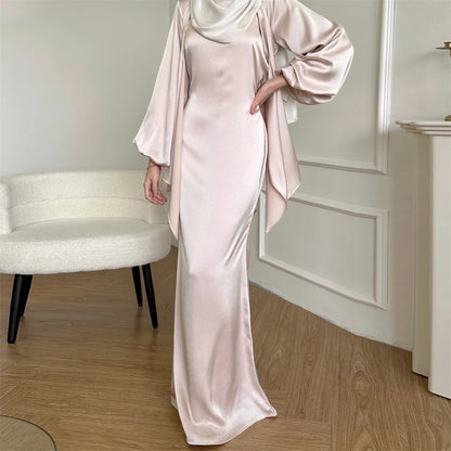 Satin Plain 2-Piece Abaya Set – Elegant Modest Clothing Kaftan Robe