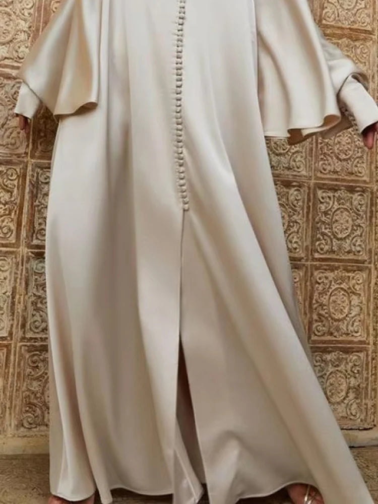 Women's Solid Color Split Floor Length Robe with Round Neck and Long Batwing Sleeves