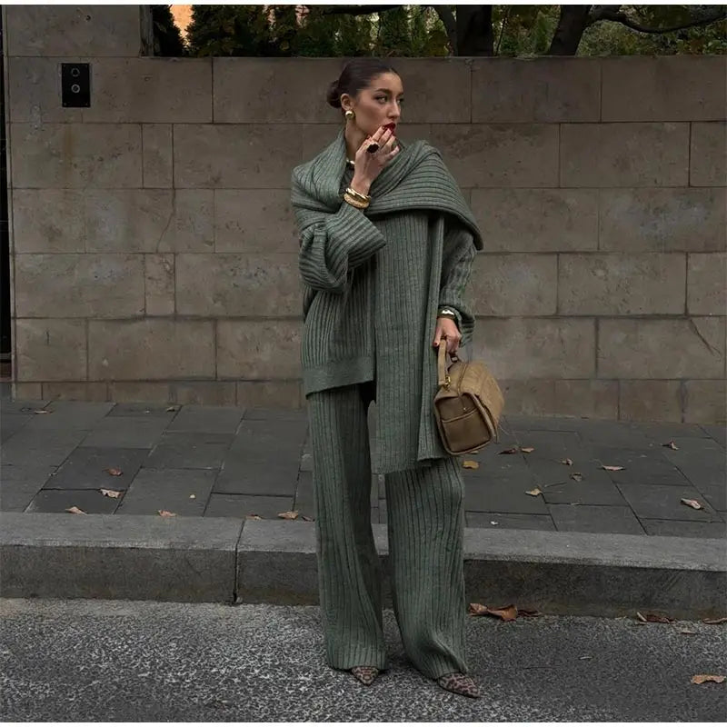 Knitted Pants Suit for Women – Scarf Collar Long Sleeve Sweater and Wide Leg Pants Two-Piece Set
