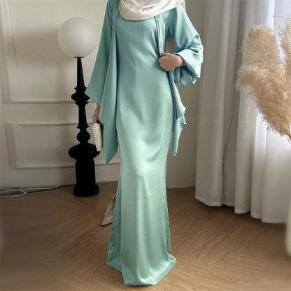 Satin Plain 2-Piece Abaya Set – Elegant Modest Clothing Kaftan Robe