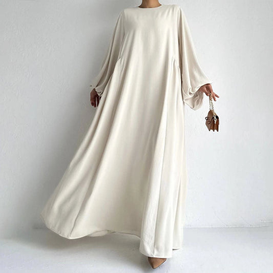 Elegant Solid Bishop Sleeve Abaya Kaftan – Crew Neck Maxi Dress for Women