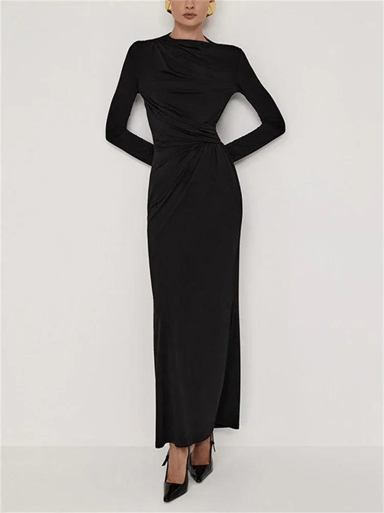 Pleated Slim Fashion Maxi Dress – Elegant High Waist Long Sleeve Bandage Dress