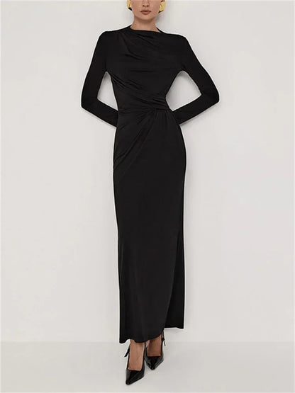 Pleated Slim Fashion Maxi Dress – Elegant High Waist Long Sleeve Bandage Dress