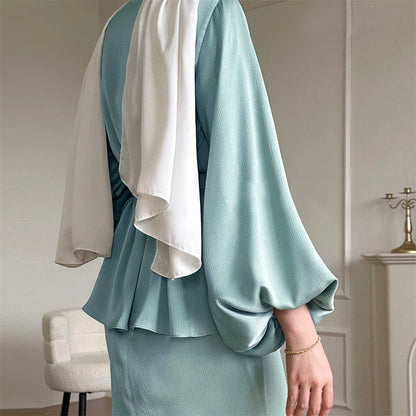 Satin Plain 2-Piece Abaya Set – Elegant Modest Clothing Kaftan Robe