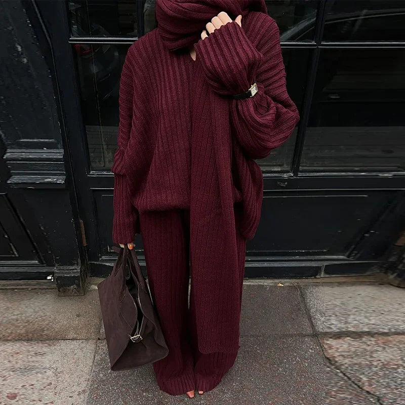 Knitted Pants Suit for Women – Scarf Collar Long Sleeve Sweater and Wide Leg Pants Two-Piece Set