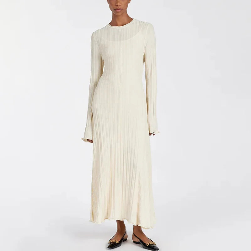 Loose Maxi Dress for Women – Lace-Up High Waist Ribbed Long Sleeve Knit Bandage Dress