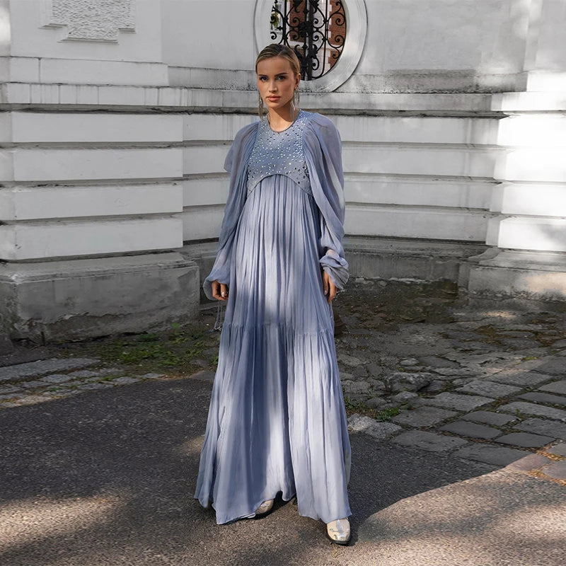 Pleated Puff Sleeve Maxi Dress – V-Neck, A-Line Silhouette