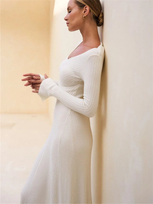 V-Neck Ribbed Knitwear Ruffled Slim Bodycon Maxi Dress